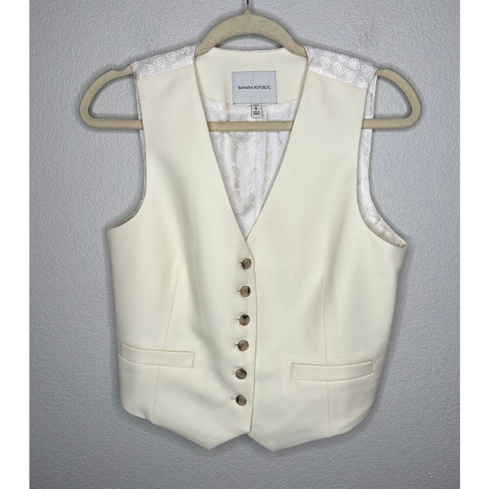 Banana Republic 100% Wool Vest White Jacquard Back Buckle Women's 8 Petite EUC